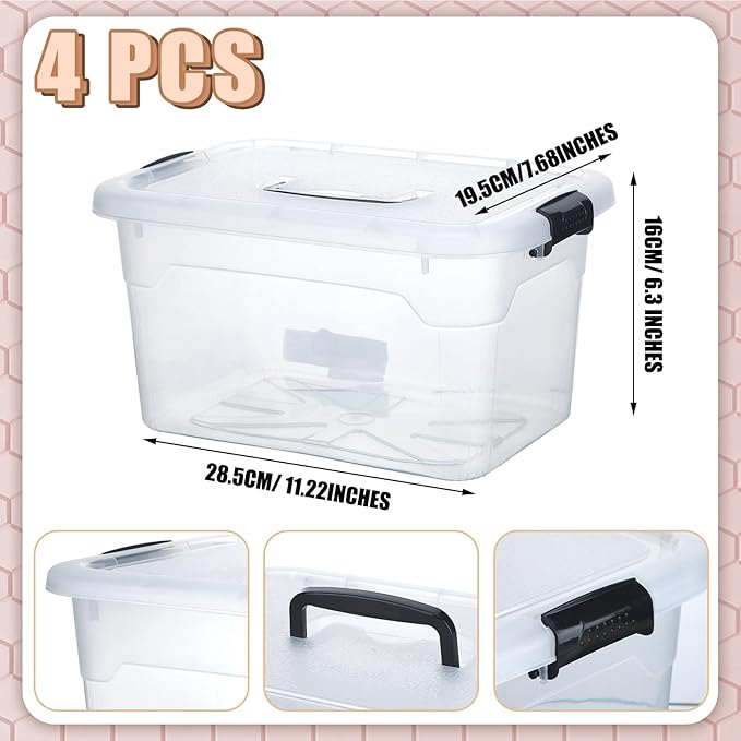Sadnyy 4 Pack Clear Plastic Storage Latch Box Stackable Plastic Storage Bins with Latching Lids and Wheels Clear Large Boxes Organizing Container for Home Garage Closet Classroom(10 Quart)