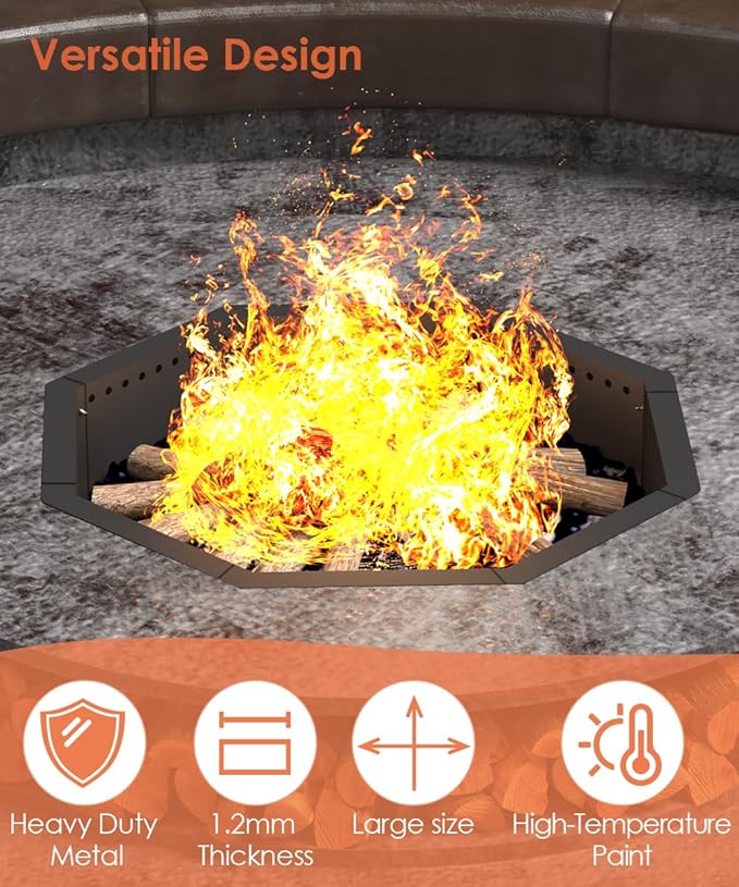 Mocomax Smokeless Fire Pit Ring 40-Inch Outer 36-Inch Inner Diameter Large Solid Steel Firepit Liner for Outside Wood Burning DIY Campfire Ring Above or In-Ground for Outdoor Octagonal