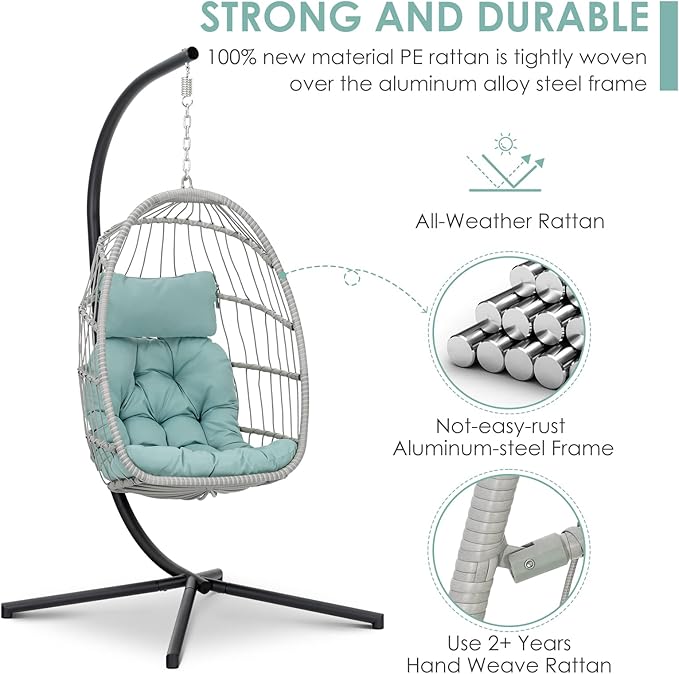 Brafab Egg Chair with Stand Indoor Outdoor Swing Egg Chair Patio Wicker Hanging Chair with Stand Hammock Egg Chairs with UV Resistant Cushion and Aluminum Frame for Bedroom Balcony Garden Light Blue