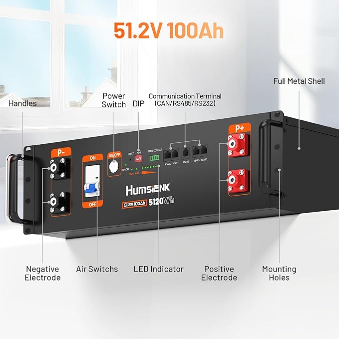 HumsiENK 48V 100Ah LiFePO4 Lithium Battery Bluetooth | UL1973 Tested | 3U Server Rack with Active Balancing &amp BYD Cells Max 5120Wh &amp 100A BMS for Off-Grid Solar System Backup Home Energy St