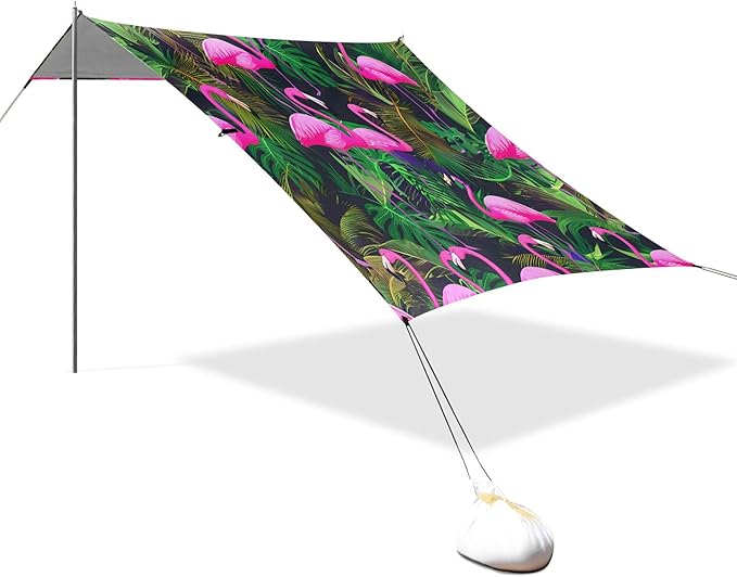 Flamingos Beach Canopy Sun Shelter with Sandbags &amp Sand Shovel &amp Windproof Ropes - Portable 110x126 Beach Shade Beach Tent for Camping Picnics