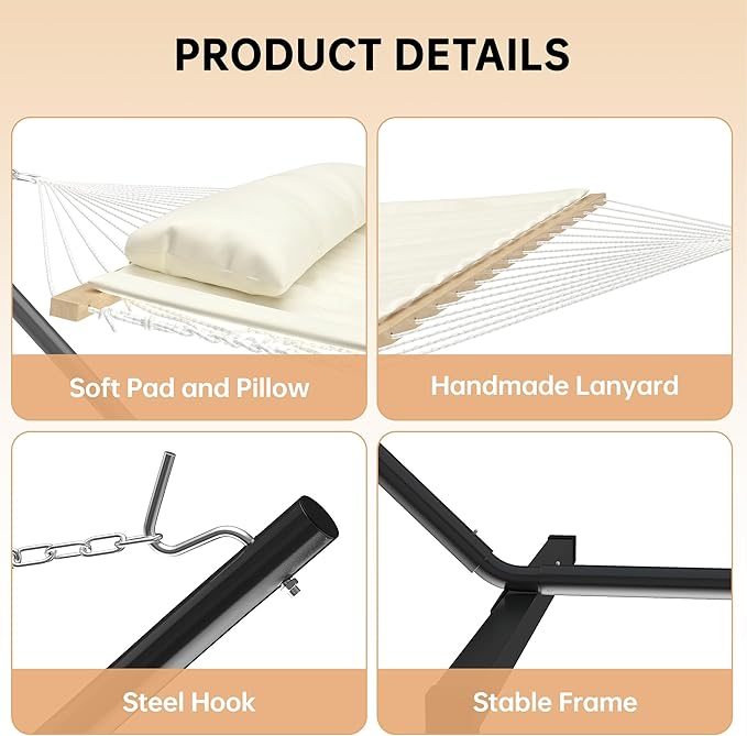 Hammock with Stand 2 Person Heavy Duty Hammock with Soft Pillow &amp Balance Ropes Stand Alone Hammock with Curved Spreader Bar Portable Outdoor Hammock for PatioBeach BackyardBeige