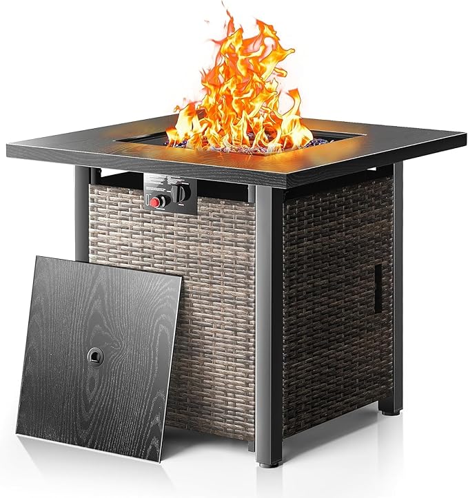 28 Inch Outdoor Propane Fire Pit Table 50000 BTU Square Rattan Propane Fire Pit with Steel Tabletop &amp Removable Lid 4-in-1 Gas FirePit Table with Glass Stones for Patio Backyard