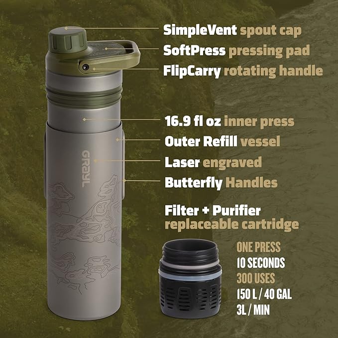 GRAYL UltraPress Titanium 16.9 oz Water Purifier &amp Filter Bottle for Hiking Backpacking Survival Bushcraft Travel (Olive Drab)
