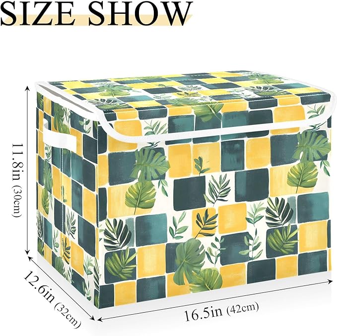 AIXIWAWA Lidded Storage Cube (Checkered Palm) Fabric Foldable Closet Bins with Flip Lid and Handles Organizer Basket Container 16.5 x 12.6 x 11.8 IN