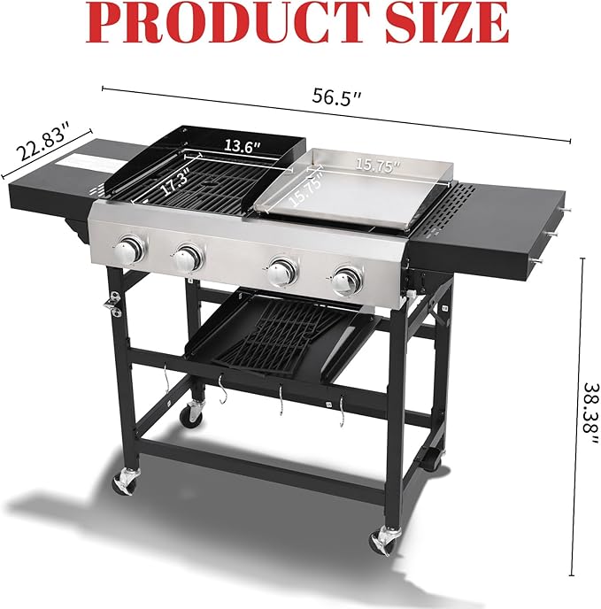 4-Burner Propane Gas Grill and Griddle Combo Stainless Steel Propane Grill 36900 BTU Outdoor Cabinet Style with Wheels Wire Rack and Two Foldable Side Table (2 Grill Pans + 2 Grills)