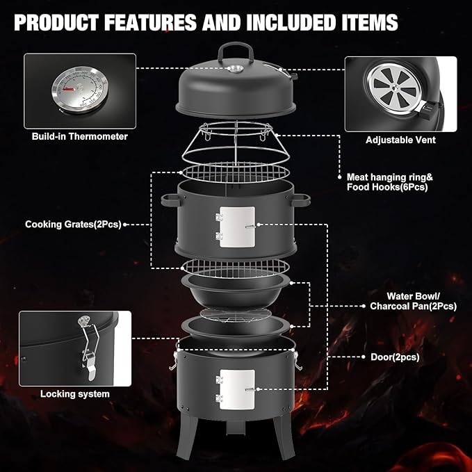 16 Charcoal Smoker 3 in 1 Heavy Duty Vertical Barbecue Grill Outdoor Fire Pit 402 Square Inches Cooking Area Versatile Outdoor Smoker Grill Black