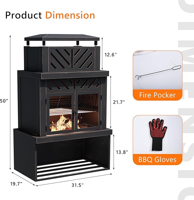 Outdoor Fireplace with Chimney and Wood Storage Metal Wood Burning Fire Pit with Heat Resistant Gloves Fire Poker and Grill Mesh Outside Fireplace for Patio Garden and Deck Black