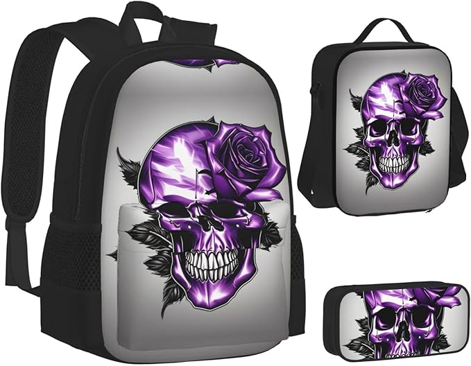 Purple Rose And Skull Backpack With Lunch Box 3 In 1 Set With Pencil Case Large Capacity Backpack With Chest Strap