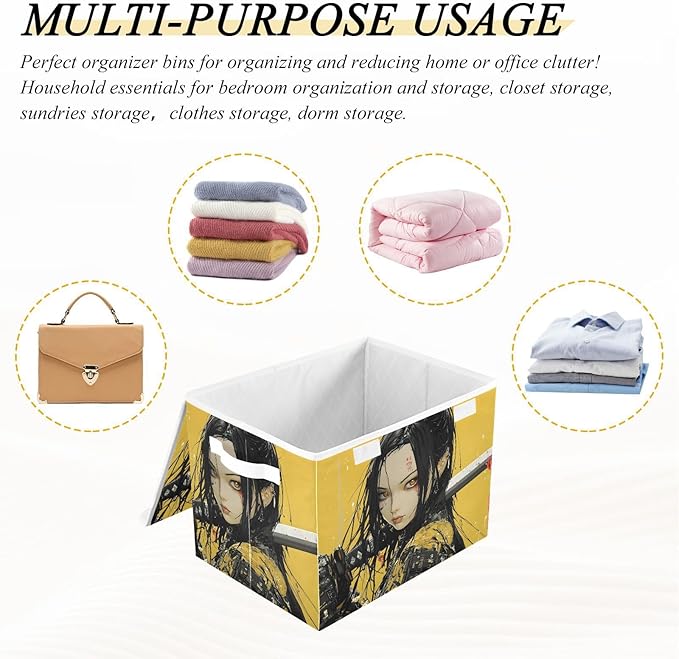 Cyber Samurai Storage Cube Bins Basket with Lid Collapsible Flip-top Fabric with Handle for Home Bedroom Closet Office 16.5×12.6×11.8 in