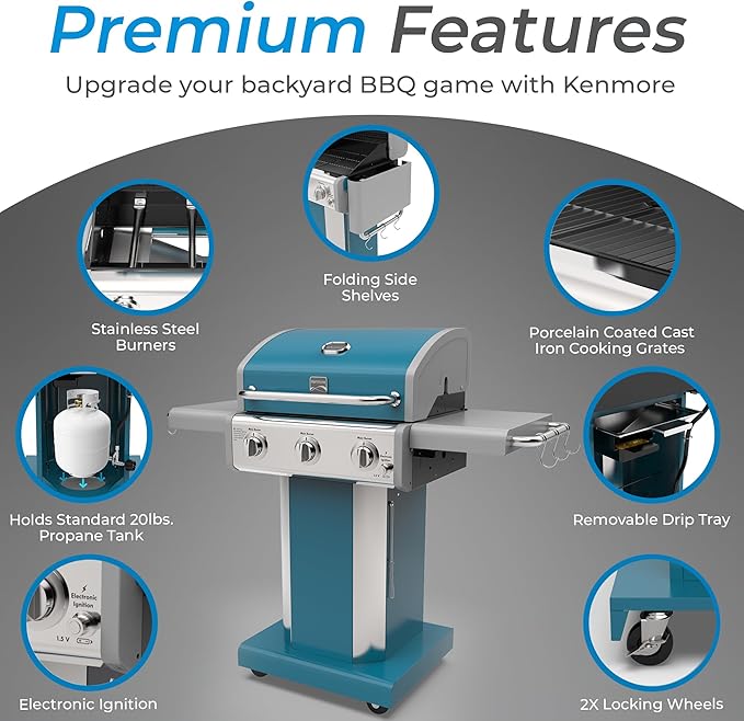 Kenmore 3-Burner Propane BBQ Grill 30000 BTUs Gas Grill with Cast Iron Cooking Grates Folding Side Tables &amp Wheels Outdoor Grill with Tool Hooks Teal