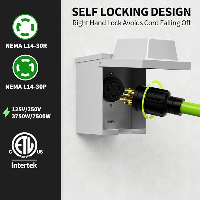 POWGRN 75Feet 30 Amp Generator Extension Cord 4 ProngHeavy Duty NEMA L14-30P/L14-30R125/250V 7500WGreen 10 Gauge STW Twist Locking Generator to House Power Cords with Cord OrganizerETL Listed