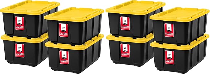 IRIS USA 8-Pack 27 Gallon Storage Bins with Lids |Made in USA| Heavy Duty Plastic Tote Containers for Truckbed Tool Box Organization Large - Black/Yellow