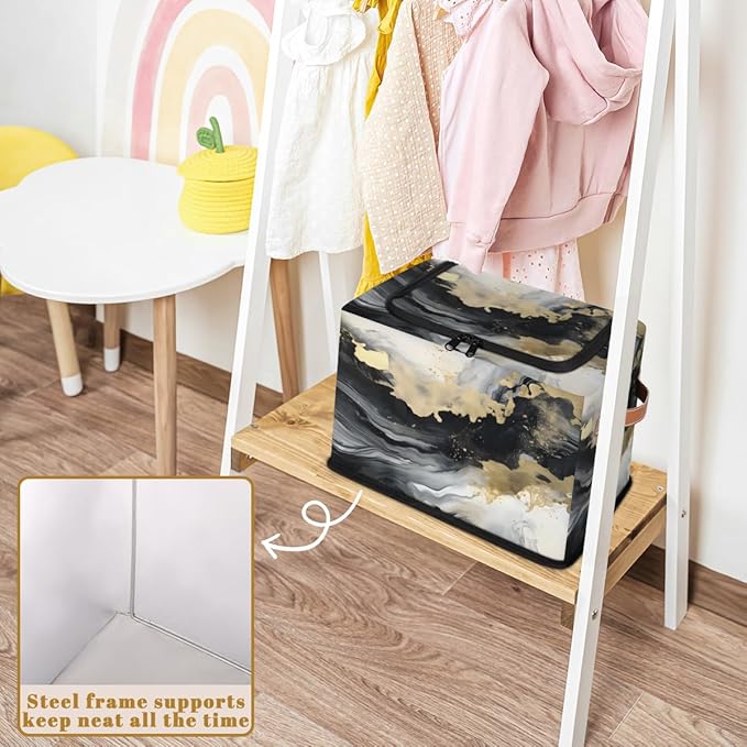 Marble Storage Bins with Zipper Lid Abstract Fabric Lidded Storage Baskets Cubes with Handles Decorative Foldable Shelf Closet Organizer Container