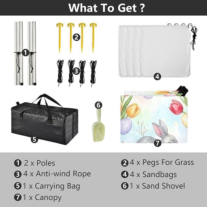 Easter Rabbit Beach Canopy Sun Shelter with Sandbags &amp Sand Shovel &amp Windproof Ropes - Portable 110x126 Beach Shade Beach Tent for Camping Picnics