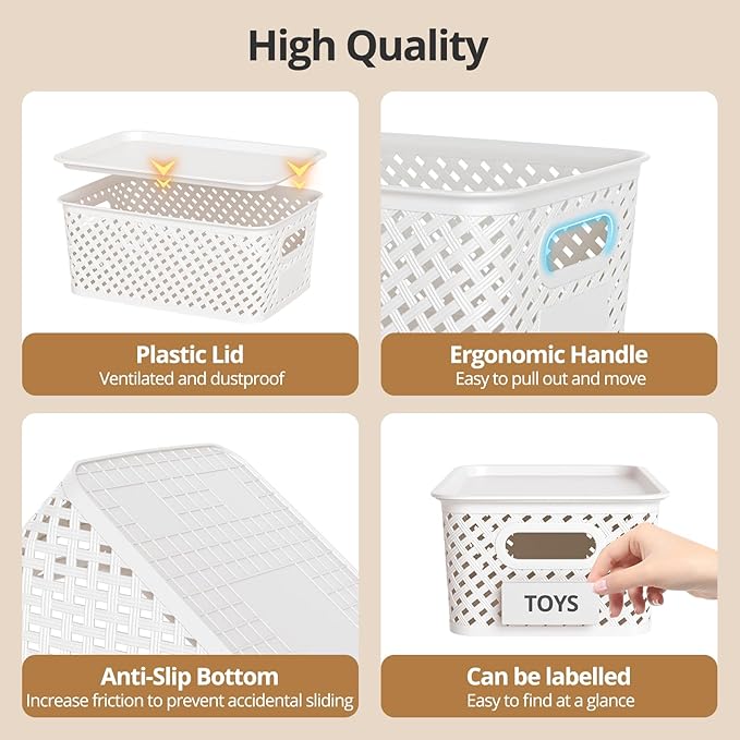 Plastic Storage Bins with Lid Stackable Small Box Basket for Organizing and Containers for Shelves Drawers Desktop Closet Playroom Pantry Classroom Office Home 8-pack 10.2x7.2x4.1 Inch White