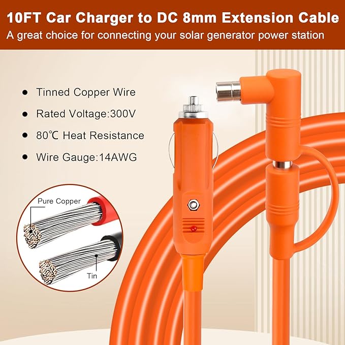 10FT 14AWG Car Charging Cable for Jackery Portable Power Station Explorer 3000 2000 1500 1000 880 550 500 300 290 240 160DC 8mm Car Cigarette Lighter Charger Cable 15A with DC7909/8020 Plug