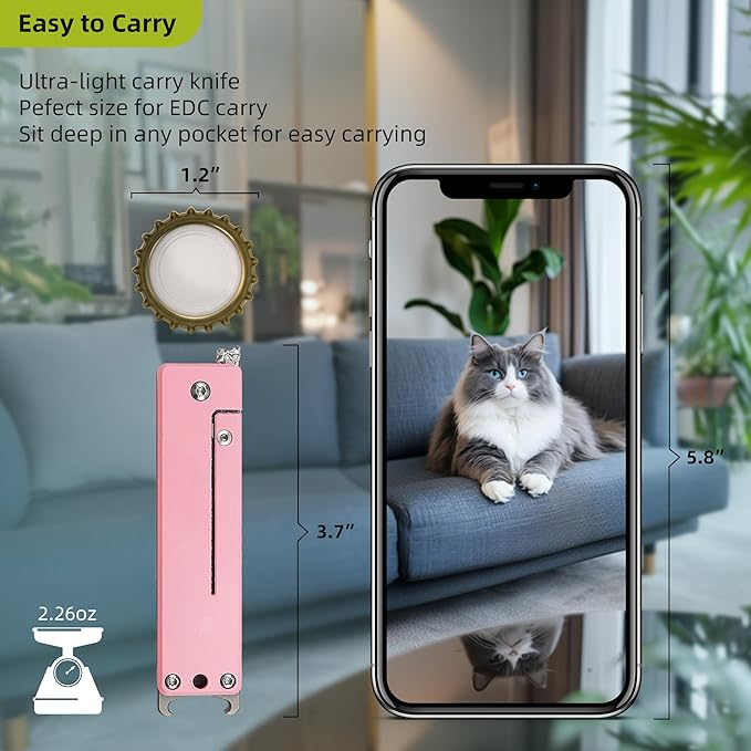 ALBATROSS Pink Damascus Cute Cat Pattern Pocket Knife - Stocking Stuffer for Women 3.5 Titanium Alloy Box Cutter - EDC Keychain Gadgets with Bottle Opener Mothers Gift Day for Cat Lovers