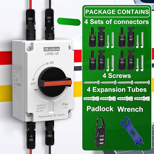 CNLONQ Solar PV Disconnect Switch 32 Amp DC1500V Rapid Shutoff Isolator Switch 1in 1out with Plug &amp Play Connector and IP66 Waterproof for Rooftop Solar Home Systems RVs and Boats