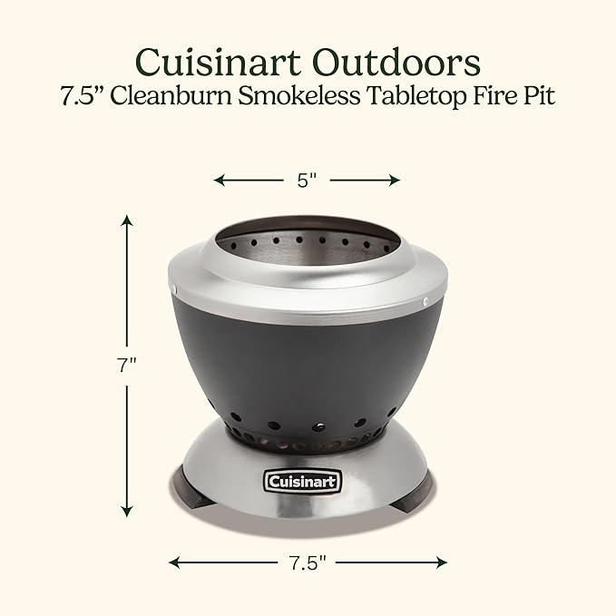Cuisinart Cleanburn Smokeless Tabletop Fire Pit 7.5” Lightweight Portable Smokeless Fire Pit with Removable Base for Ash &amp Carry Bag Small Outdoor Heater for Patio Camping &amp RV Portable He