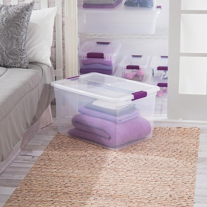 Sterilite 66 Qt ClearView Latch Storage Box Stackable Bin with Latching Lid Organize Clothes Blankets Items in Closet Clear Base and Lid 24-Pack