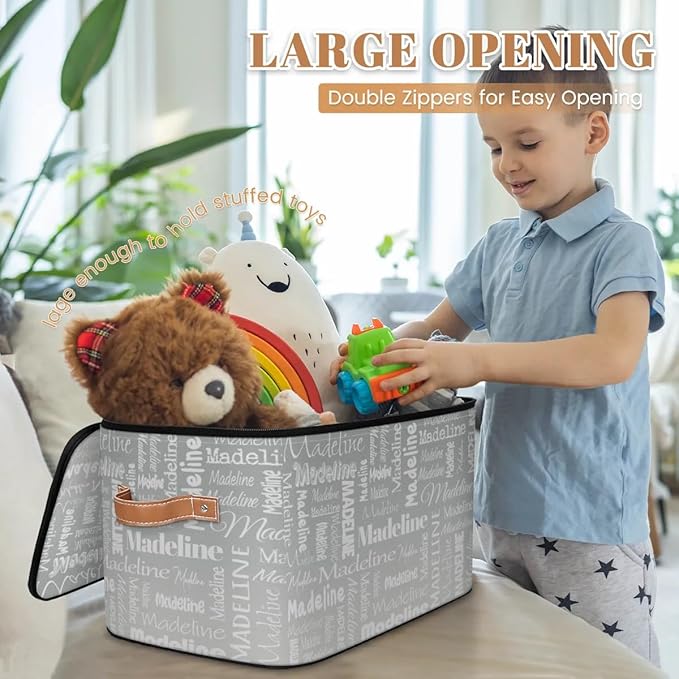 Custom Storage Basket with Name Personalized Keepsake Box with Zipper Lid Foldable Fabric Memory Bin Large capacity with Handle Grey