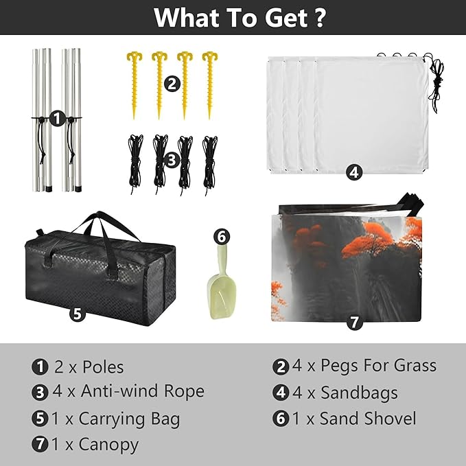 Mountain Beach Canopy Sun Shelter with Sandbags &amp Sand Shovel &amp Windproof Ropes - Portable 110x126 Beach Shade Beach Tent for Camping Picnics