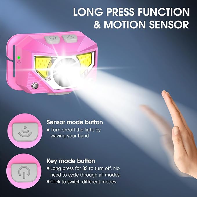 LHKNL Headlamp Flashlight High Lumen Bright LED Rechargeable Headlight with White Red Light 2-Pack Waterproof Motion Sensor Head Lamp 8 Mode for Camping Running Hiking Fishing Gear- Pink