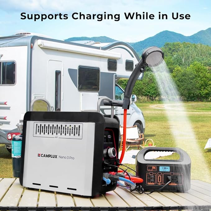 CAMPLUX Nano 3 Pro 1 lb Propane Portable Water Heater Table Top Camp Water Heater &amp Shower Pump w/Built-in Battery Compact Outdoor Camping Hot Showers