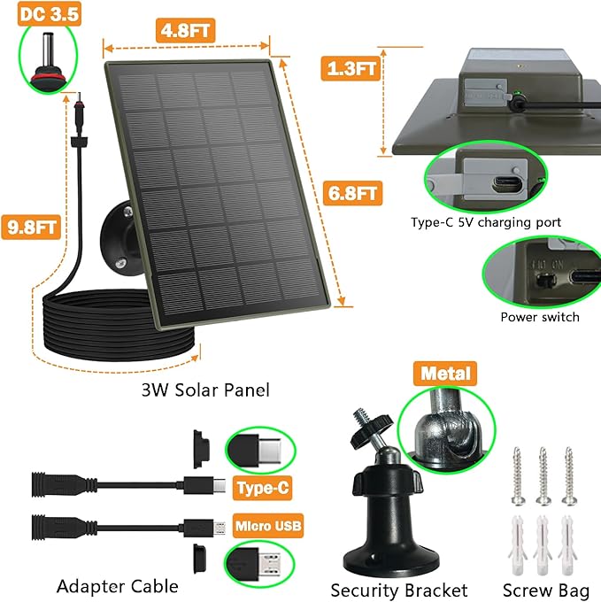 6000 mAh Solar Panel for Security Camera 3W Build in Battery 5V Micro USB &amp USB-C &amp DC3.5mm Port for Stick Up and Outdoor Battery Camera Waterproof Adjustable Panel Mount 9.8ft Cable