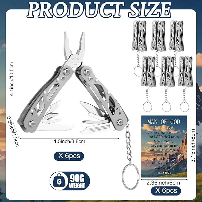 6 Pack Father's Day Mini Multitool Pliers Gifts with Man of God Cards for Men Him Dad Boyfriend Small Multitool Pocket Pliers Stainless Steel Mini Plier Man of God Gifts Father's Day Gift