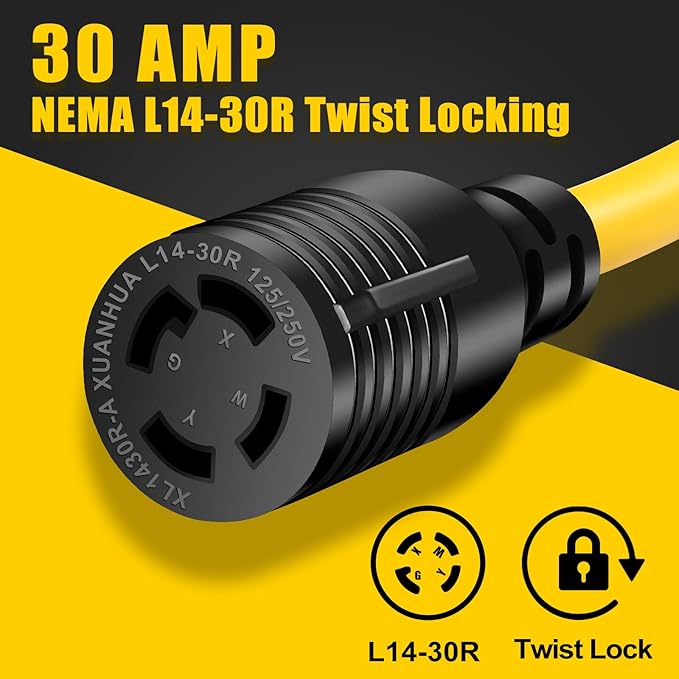 30 AMP Generator Transfer Switch Adapter Cord Heavy Duty STW 10 Gauge NEMA TT-30P Male to L14-30R Female 3 Prong to 4 Prong Generator Adapter Plug Twist Lock to House Inlet Box (10FT)