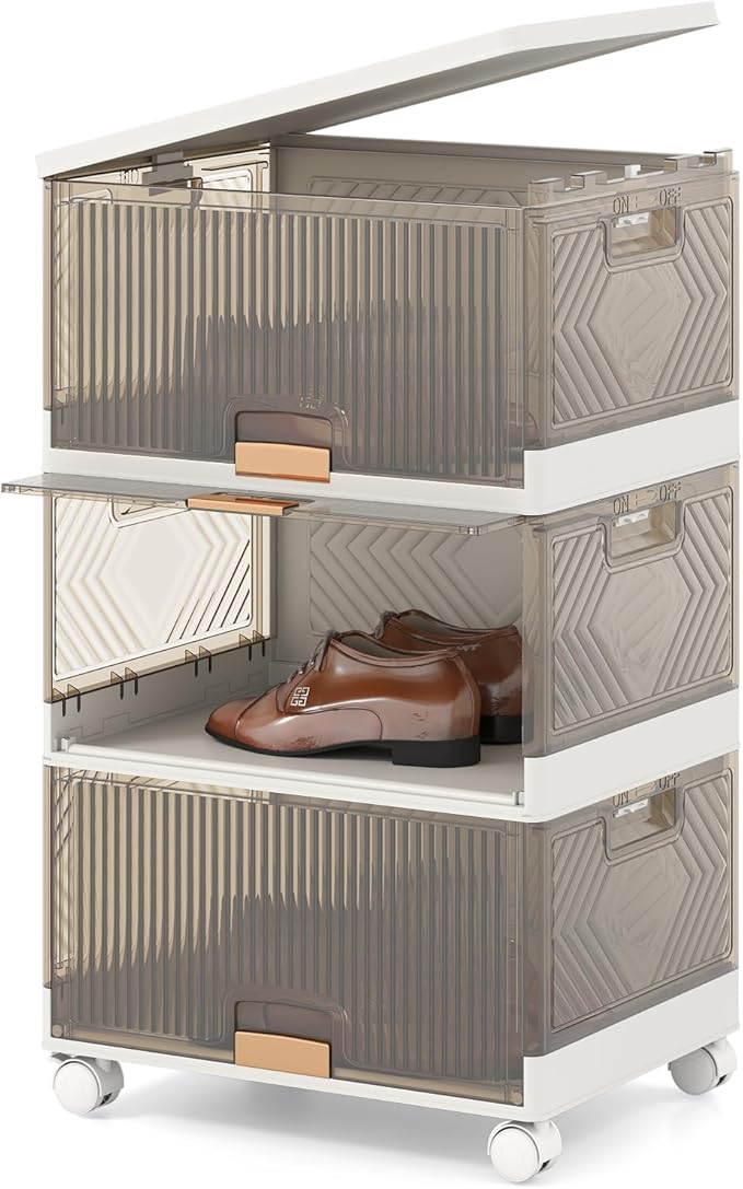 Giantex 3 Tier Stackable Storage Bins with Lids 13.5 Gal Foldable Shoe Storage Box with Detachable Wheels &amp Flip-Up Doors Collapsible Closet Organizers and Storage Bins