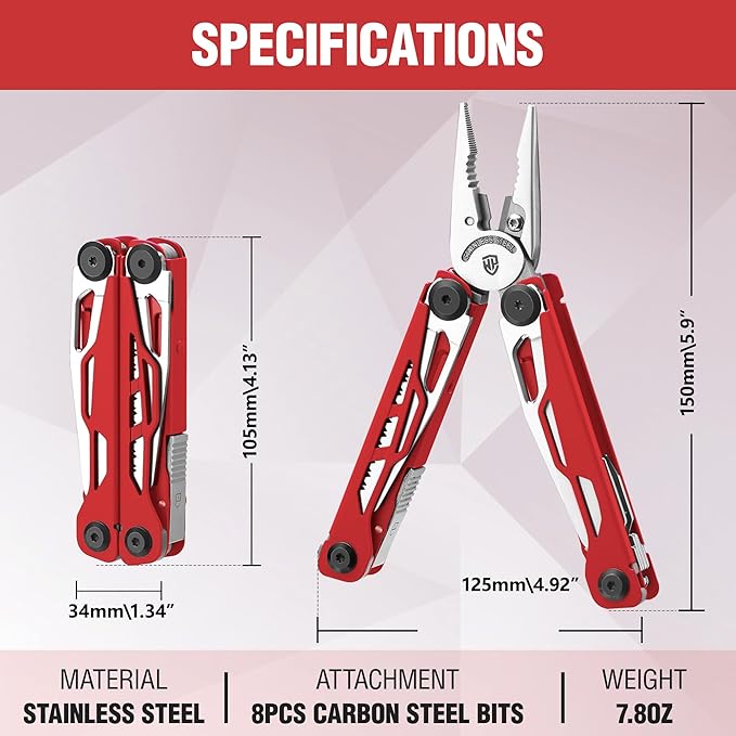 WORKPRO 24-in-1 Mutitool Stainless Steel Multitool Pliers with Pocket Knife and Screwdrivers EDC Self-locking Multi Tool with Sheath Belt Clip for Outdoor Activities Gifts for Men Red