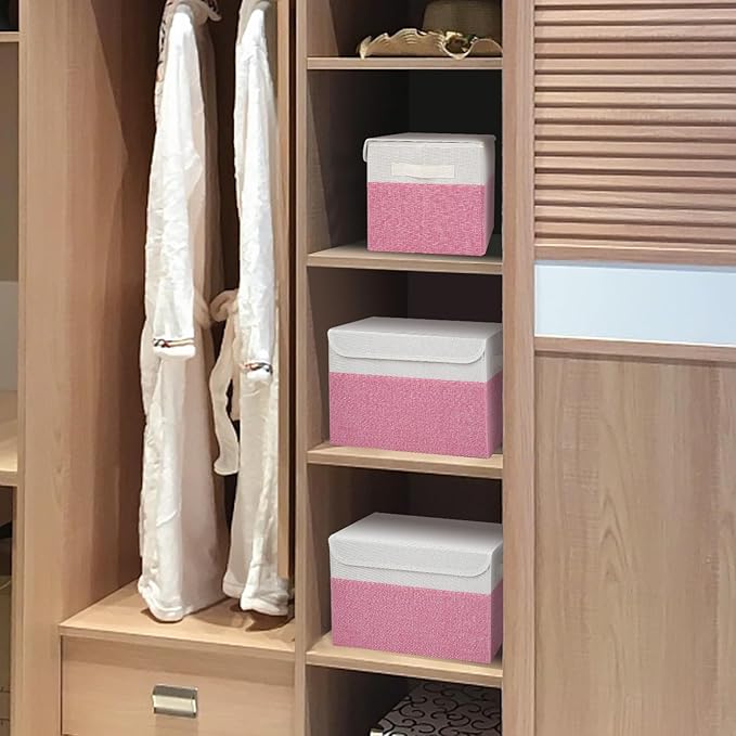 Bagnizer Large 22 Quart Linen Fabric Foldable Storage Bin Cube Organizer Basket with Flip-Top Lid &amp Handles Clothes Blanket Box for Home Office Closet Pink &amp White 4 Pack 14.6 x 9.5 x 9.5