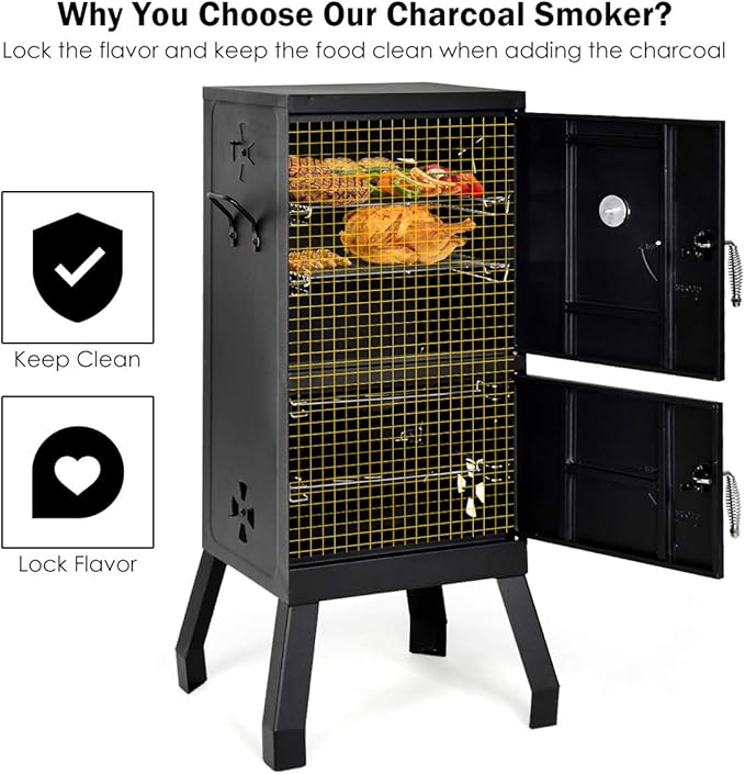 DORTALA Vertical Charcoal Smoker Outdoors Charcoal Barbeque Smoked Carbon Oven Iron Structure w/Two Chrome-plated Nets Two Charcoal Pots Suitable for Lawn Picnic Backyard BBQ (Black)