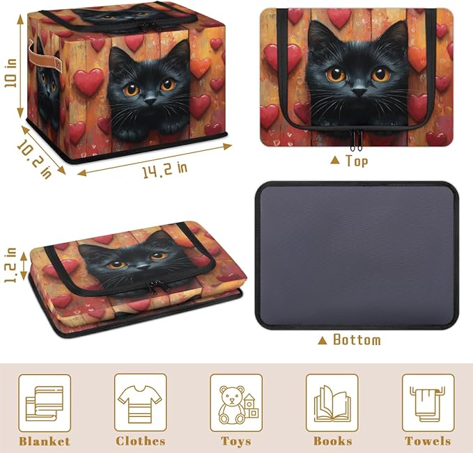Black Cat Storage Bins with Zipper Lid Hearts Valentine's Fabric Lidded Storage Baskets Cubes with Handles Decorative Foldable Shelf Closet Organizer Container