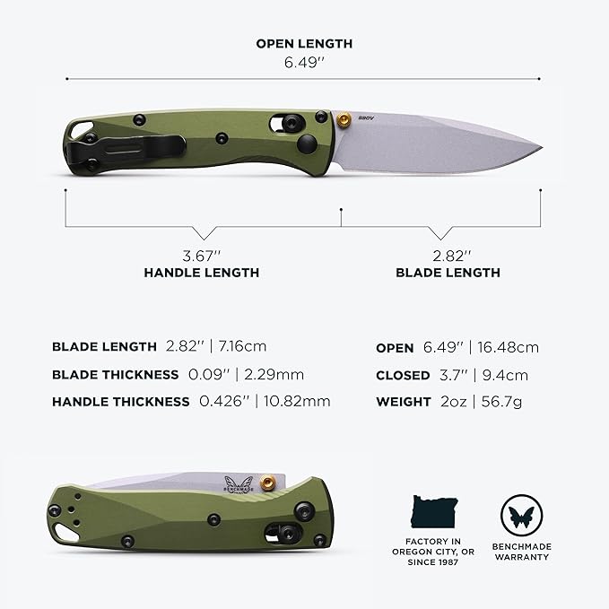 Benchmade - Mini Bugout Outdoor EDC Folding Knife Drop-Point Blade with Woodland Green Aluminum Handle (533SL-10)