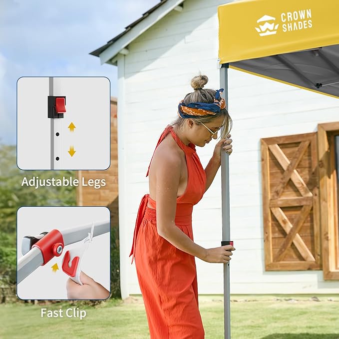 CROWN SHADES 8x8 Pop Up Canopy with 1 Side Wall - Beach Tent with One Push Setup - Outdoor Sun Shade for Events Parties Camping - Gazebo with STO-N-Go Cover Bag (Yellow)