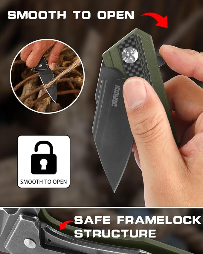 DISPATCH 2.83'' Folding Pocket Knife with 8Cr13MoV Reverse Tanto Blade Military Green G10 + Carbon Fiber Handle Frame Lock Front Flipper EDC Knife with Pocket Clip for Camping Hiking and Outdoor Us