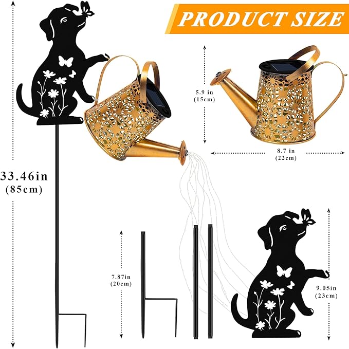 Solar Lights Outdoor Decorative Watering Can with Cascading Lights with Dog Silhouette Garden Stakes Waterproof Metal Garden Decor Mom 2 Pack
