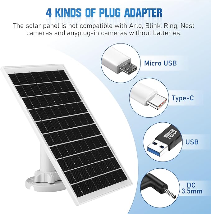 8W Solar Panel for Security Camera 2 Pack 5V Solar Panel Charger is Compatible with WYZE Battery Cam Pro Eufy Camera &amp Arlo Essential Spotlight/XL Spotlight Camera with Micro USB DC USB-C Por