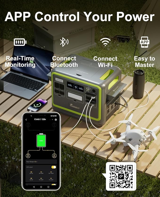 FOSSiBOT F2400+SP200 Portable Power Station with Solar Panelgenerador eléctrico portátil 2048Wh LiFePO4 Battery Solar Generator with 1100W ACAPP Control1.5H Fast Charging for HomeCampingRV