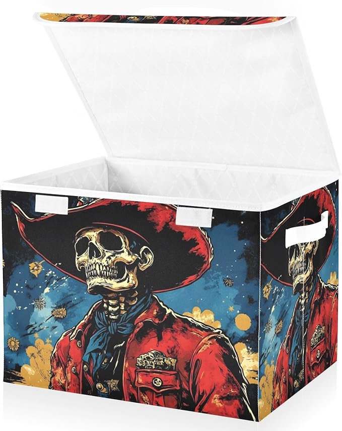 AIXIWAWA Lidded Storage Cube (Anime Skull Cowboy) Fabric Foldable Closet Bins with Flip Lid and Handles Organizer Basket Container 16.5 x 12.6 x 11.8 IN
