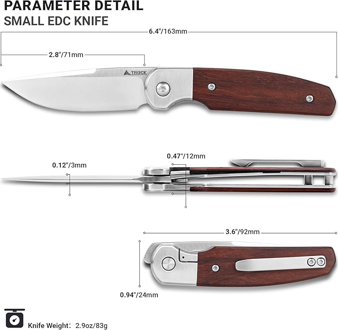 Small EDC Knife 2.8 Pocket Knife D2 Steel Point Blade Wood Handle - flipper Folding Knife for Men Women - Daily Carry Office Camping Hiking
