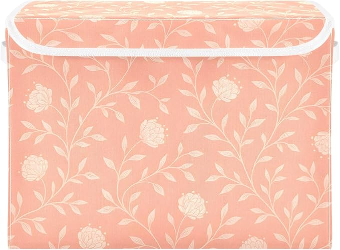 ALAZA Peach-pink Floral Vine Storage Bins Organizer Box Baskets Lidded Clothes for Shelves Closet Collapsible Stackable Storage Cubes Handles