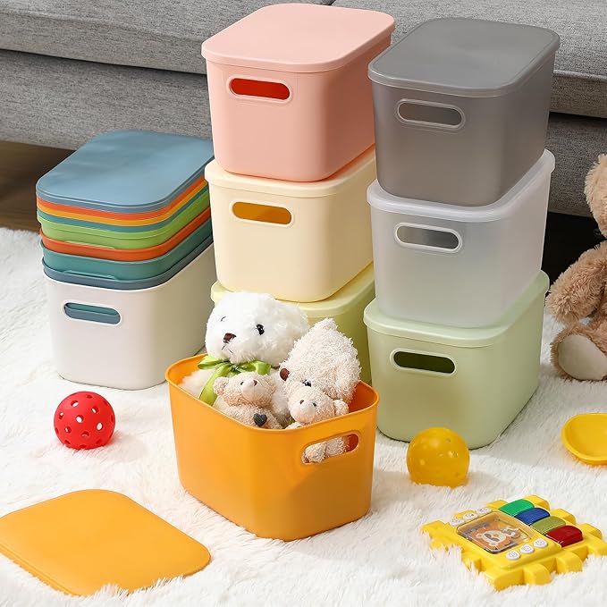 Thyle 12 Pack 7 Quarts Plastic Storage Bins Stackable Baskets with Lid and Handle with Label Colorful Desktop Box Toy Containers for Classroom Shelf Bedroom 10 x 7 x 6 Inch (Classic Color)