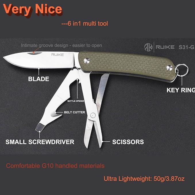 Ruike Keychain Small Pocket KnifeFolding 6 in 1 Multitool12C27 Steel StainlessG10 HandleMini EDC Tactical Camping Army Tac Survival Hunting GearKey Compact ScissorsScrewdriverBottle Opener Tool