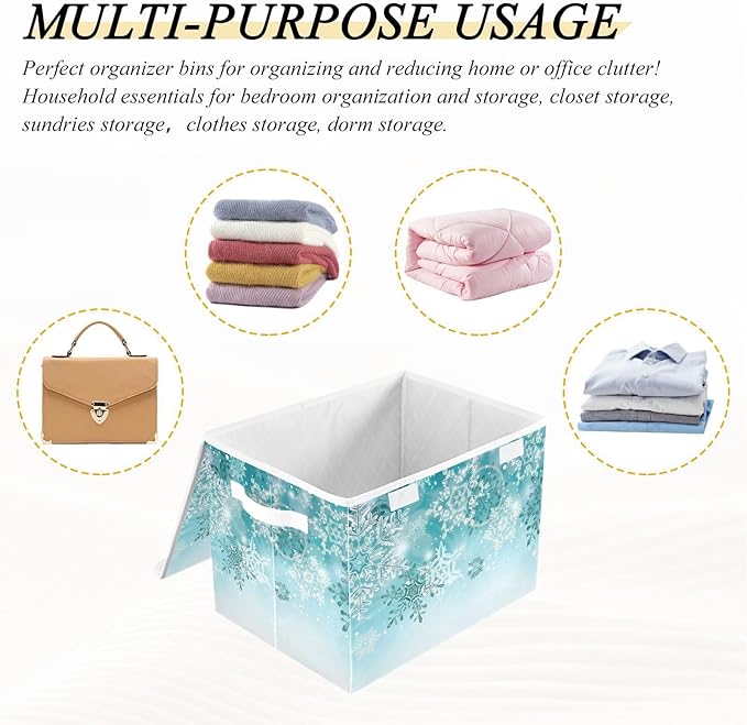Senya Collapsible Storage Bins with Lids Silver Winter Teal Turquoise Snowflakes Christmas Storage Boxes Clothes Baskets for Organizing