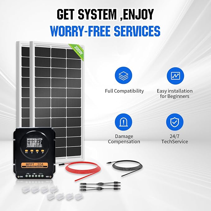 ECO-WORTHY 200 Watts 12 Volt/24 Volt Solar Panel Kit with 20A Bluetooth APP Monitoring MPPT Controller and High Efficiency Monocrystalline Solar Panel for HomeRVCamperand Other Off Grid Application